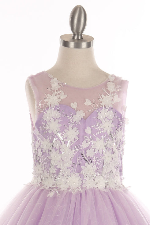 Little Girls Lilac 3D Floral Applique Lace Sequin Flower Girl Dress 2-6
